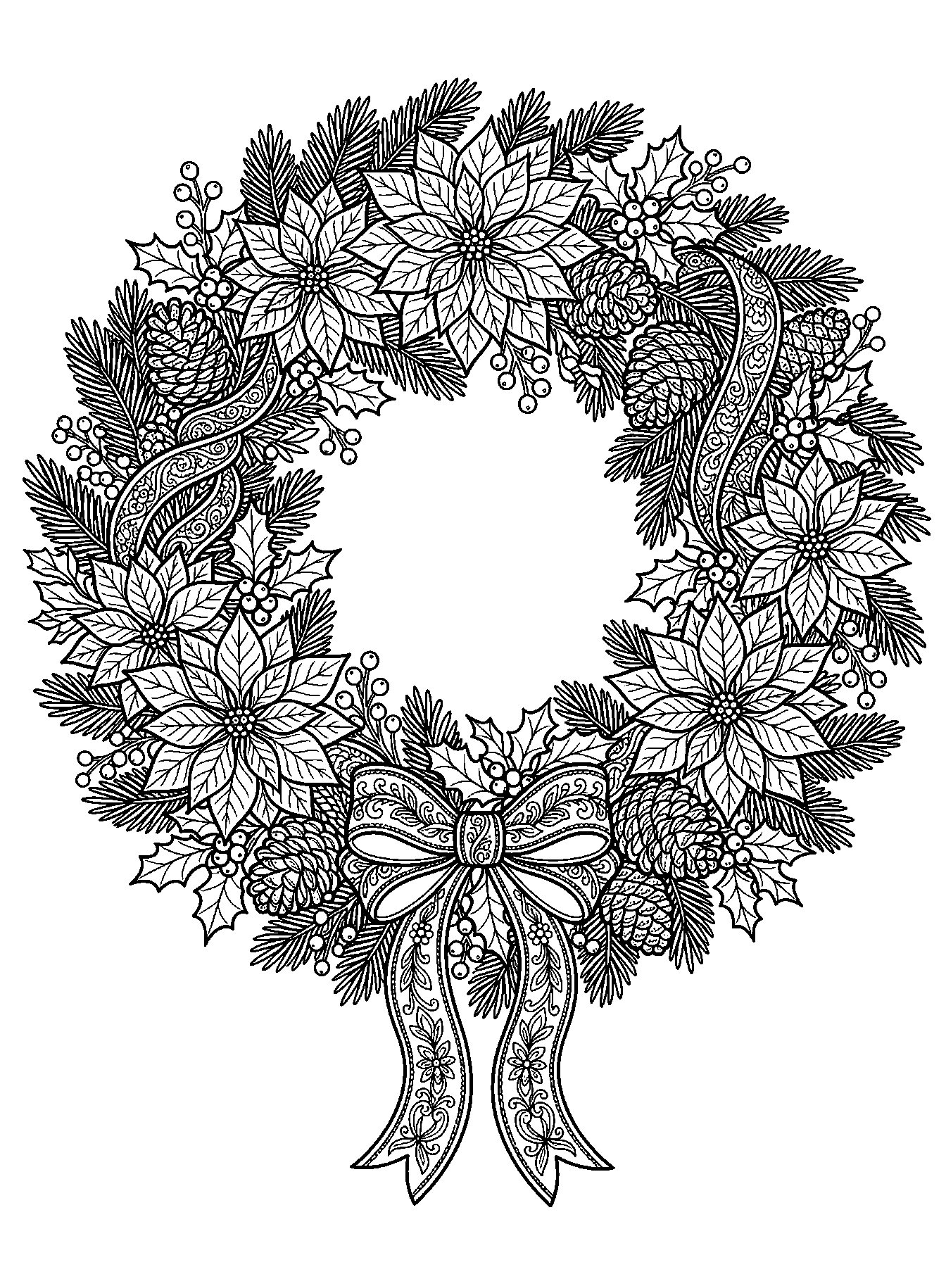 Floral Christmas wreath coloring page