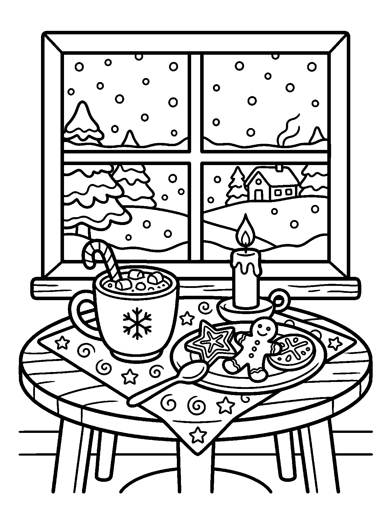 Chocolat chaud près du feu : coloriage de Noël