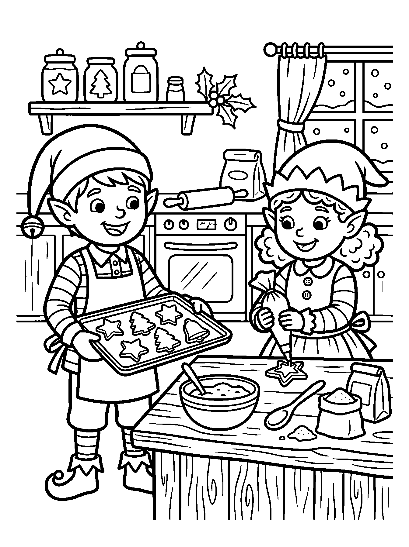 Lutins qui préparent des biscuits : coloriage de Noël