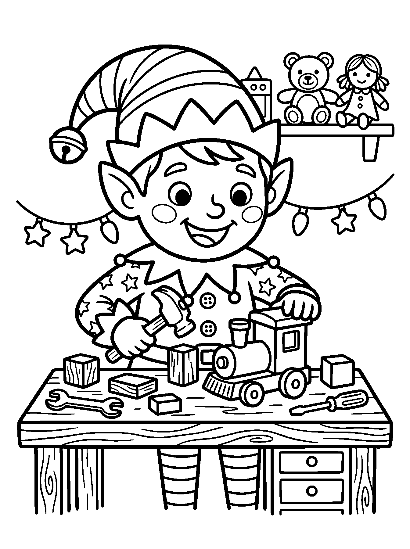 Duende fazendo brinquedos: desenho para colorir