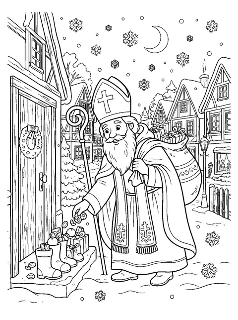 Ausmalbild: Sankt Nikolaus mit Mitra und Bischofsstab füllt Stiefel vor einer Haustür mit Süßigkeiten, Nüssen und Geschenken