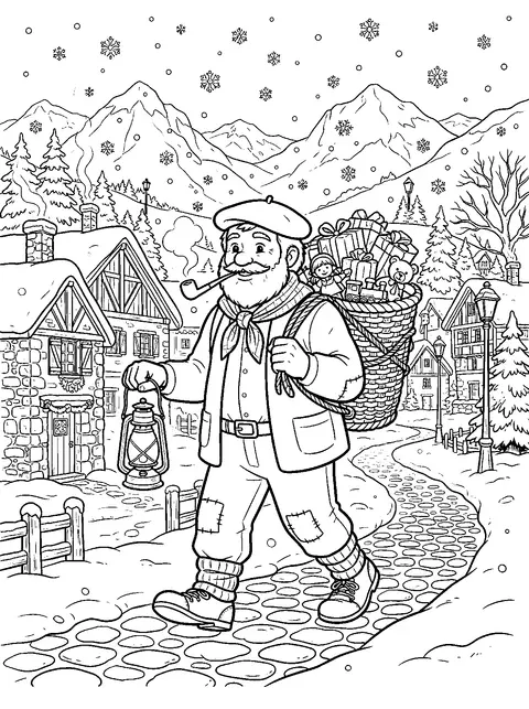 Dibujo para colorear de Olentzero, el carbonero vasco con boina, pipa, farol y una cesta de regalos, en un pueblo de montaña nevado
