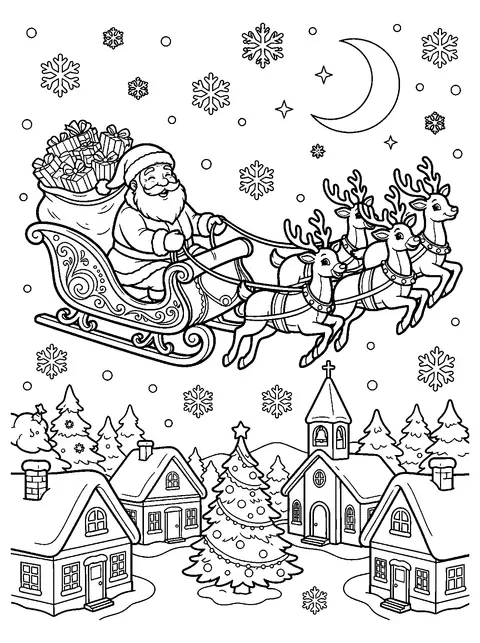Desenho para colorir do Papai Noel com um saco de presentes no trenó puxado por renas sobre uma vila nevada com igreja e árvore de Natal