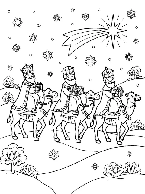 Dibujo para colorear de los Reyes Magos con coronas y capas sobre tres camellos que siguen una gran estrella en una noche de nieve