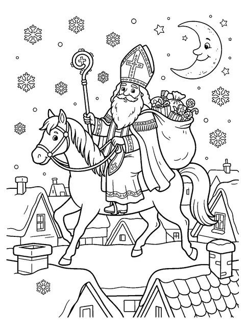Kleurplaat van Sinterklaas met mijter en staf op zijn witte paard over besneeuwde daken, met een zak cadeautjes