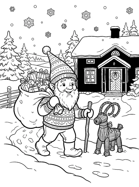 Målarbild på jultomten med spetsig stickad luva, säck med klappar och en liten julbock på en snöig gårdsväg vid ett rött trähus