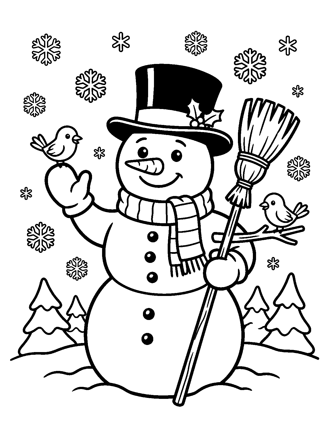 Muñeco de nieve y los pajarillos: dibujo para colorear