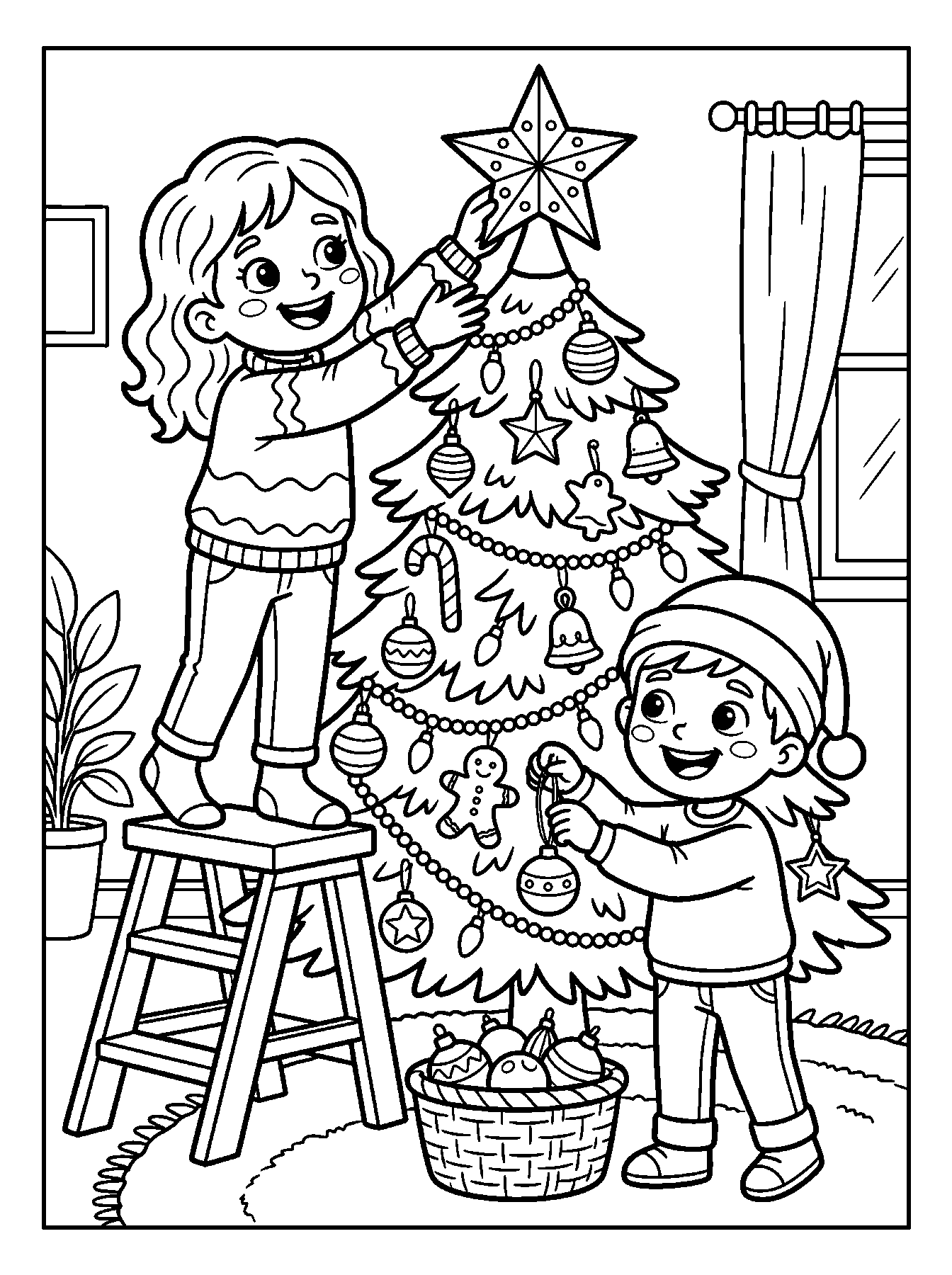 Les enfants décorent le sapin : coloriage de Noël