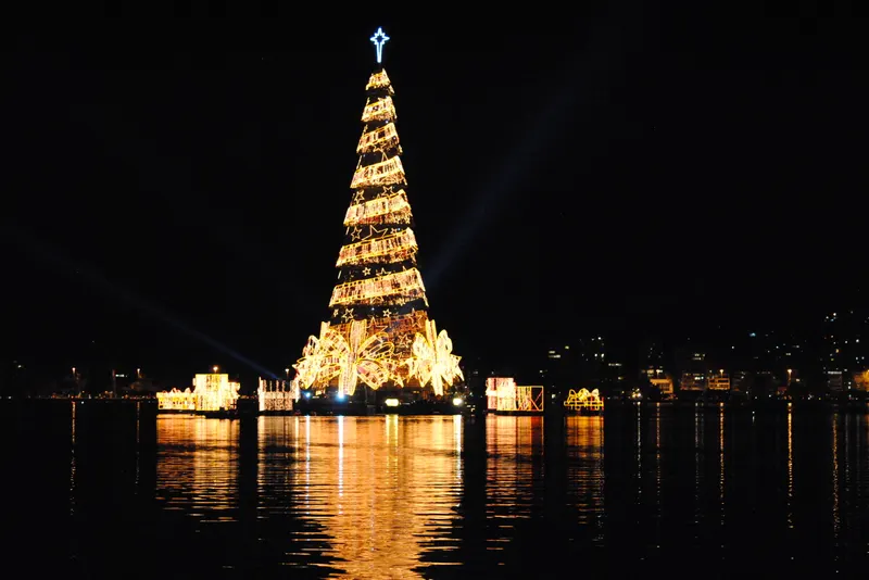Árvore de Natal flutuante iluminada na Lagoa, no Rio de Janeiro