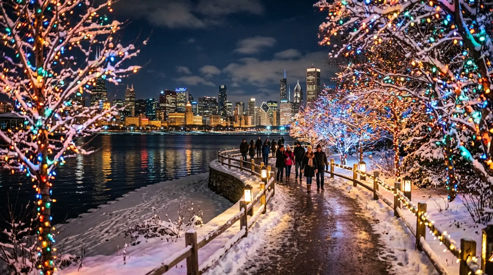 Christmas lights at night in Chicago