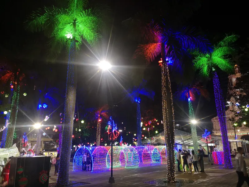 Palmeras iluminadas y túneles de luces en el parque de Itagüí en Navidad