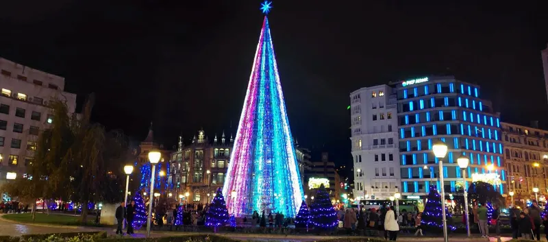 Árbol de Navidad iluminado con abetos azules a su alrededor en Bilbao