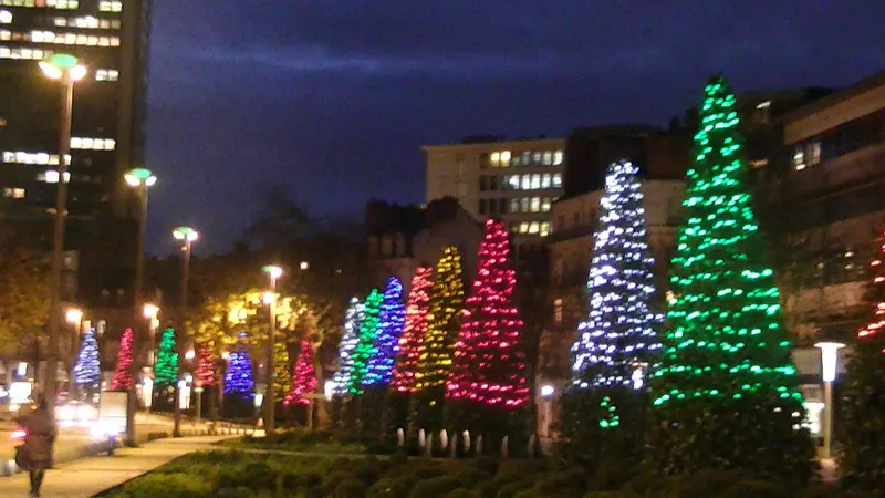 Sapins lumineux colorés le long du cours des 50-Otages à Nantes