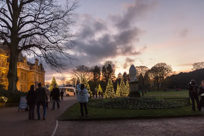 Visitors among lit Christmas trees at Waddesdon Manor