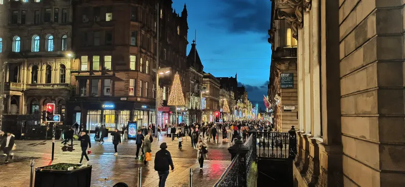 Buchanan Street in Glasgow at dusk with Christmas lights