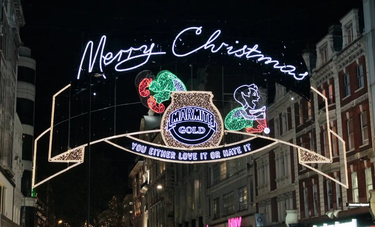 Merry Christmas light arch over Oxford Street in London