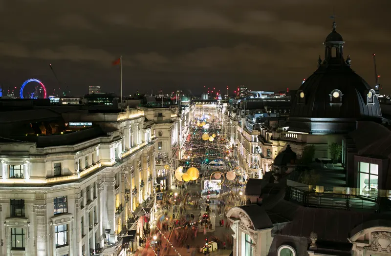 Aerial view of Regent Street lit up for Christmas