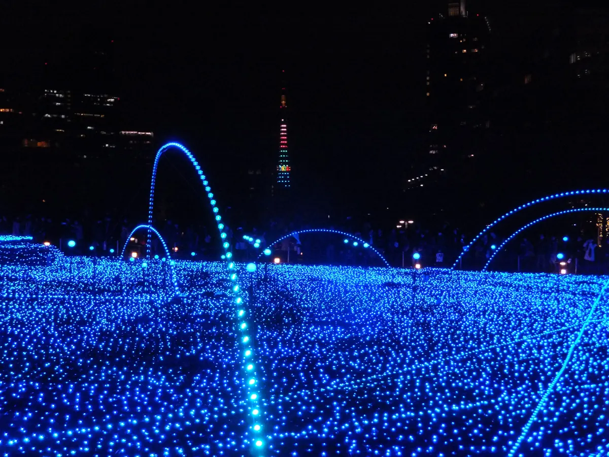東京ミッドタウン ガーデンの青いLEDが広がる芝生のクリスマスイルミネーション