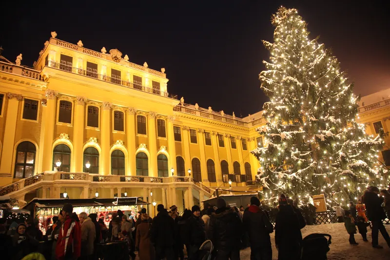 Beleuchteter Weihnachtsbaum vor der Fassade von Schloss Schönbrunn mit Besuchern