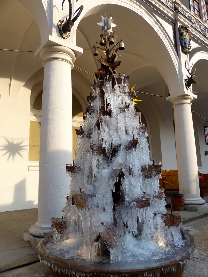Vereister Weihnachtsbaum im Arkadengang des Stallhofs in Dresden