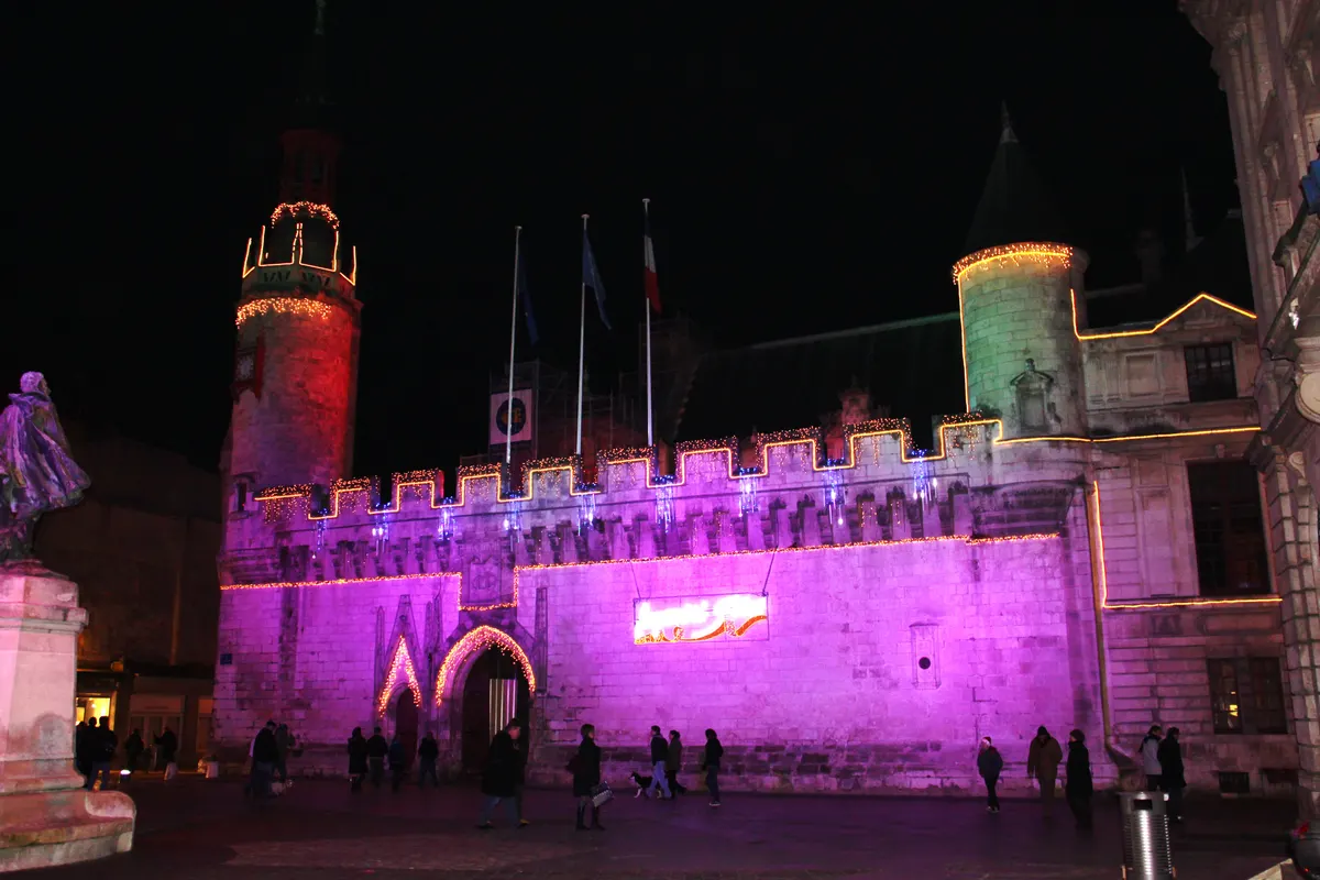 Hôtel de ville de La Rochelle illuminé en violet pour Noël
