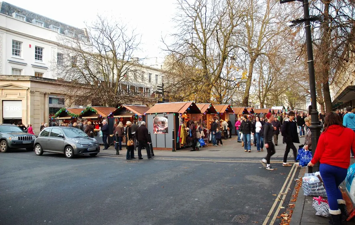 Rows of market chalets along the Promenade in Cheltenham