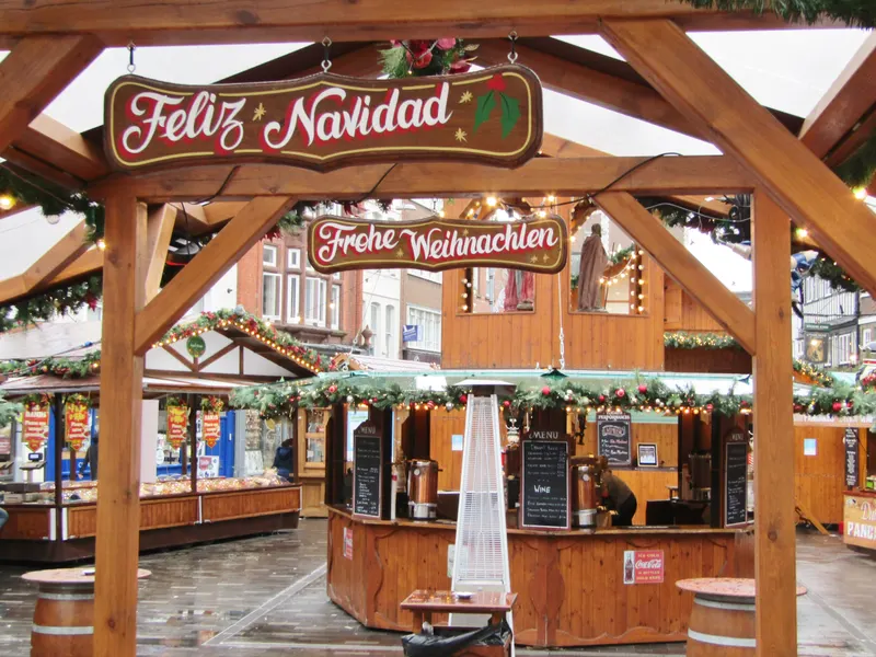 Festive Feliz Navidad and Frohe Weihnachten stall at Kingston Christmas Market