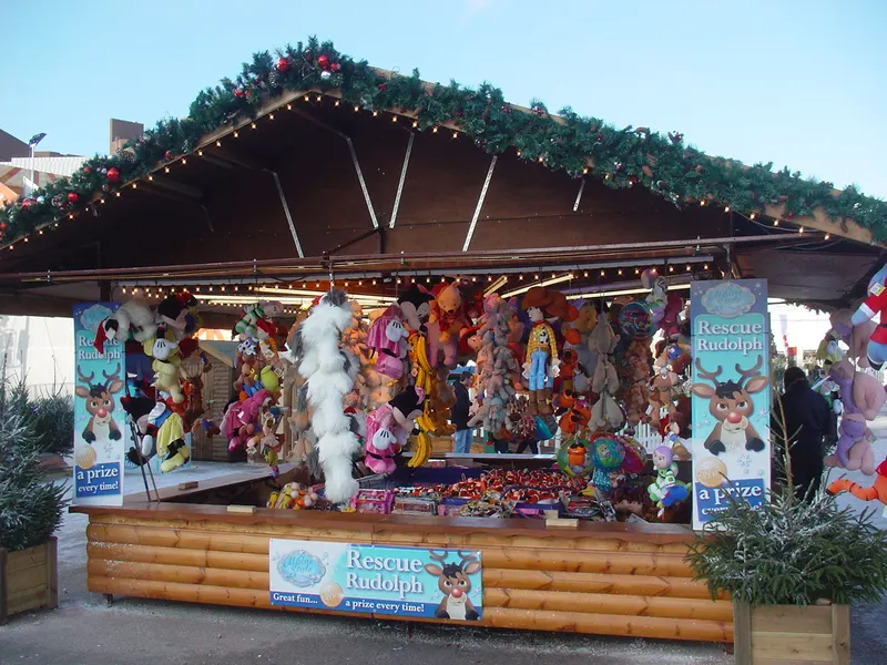 Wooden chalet with festive garlands at Liverpool Christmas Market