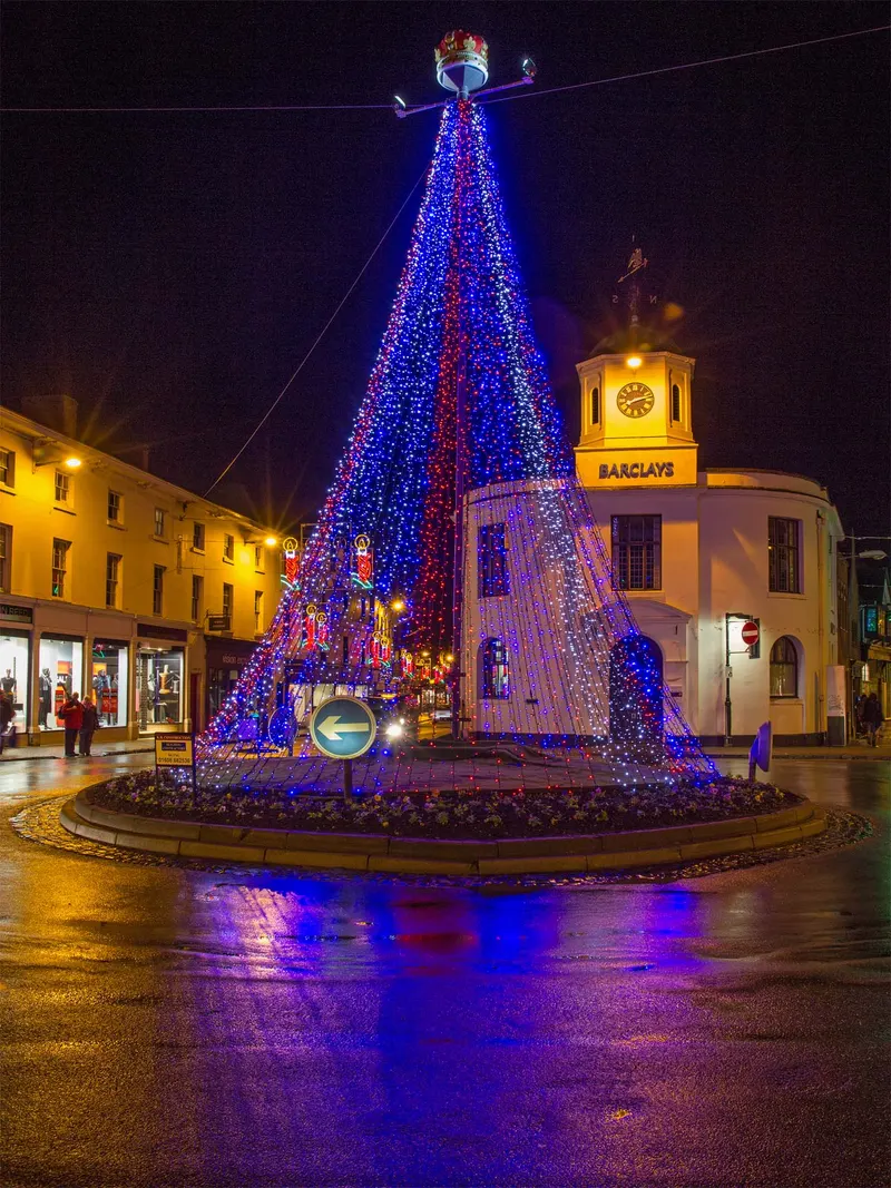 Blue Christmas light tree in Stratford-upon-Avon town centre