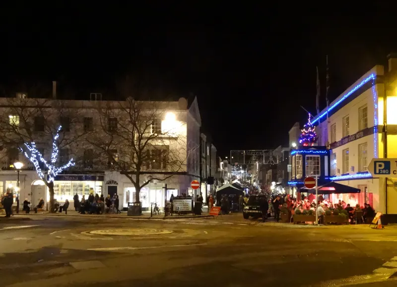 Totnes town centre decorated with Christmas lights