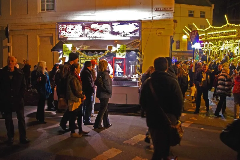 Evening crowd at the Worcester Victorian Christmas Fayre street stalls