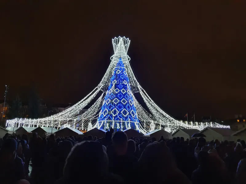 Vilniaus Kalėdų eglė ir mugės prekystaliai Katedros aikštėje naktį