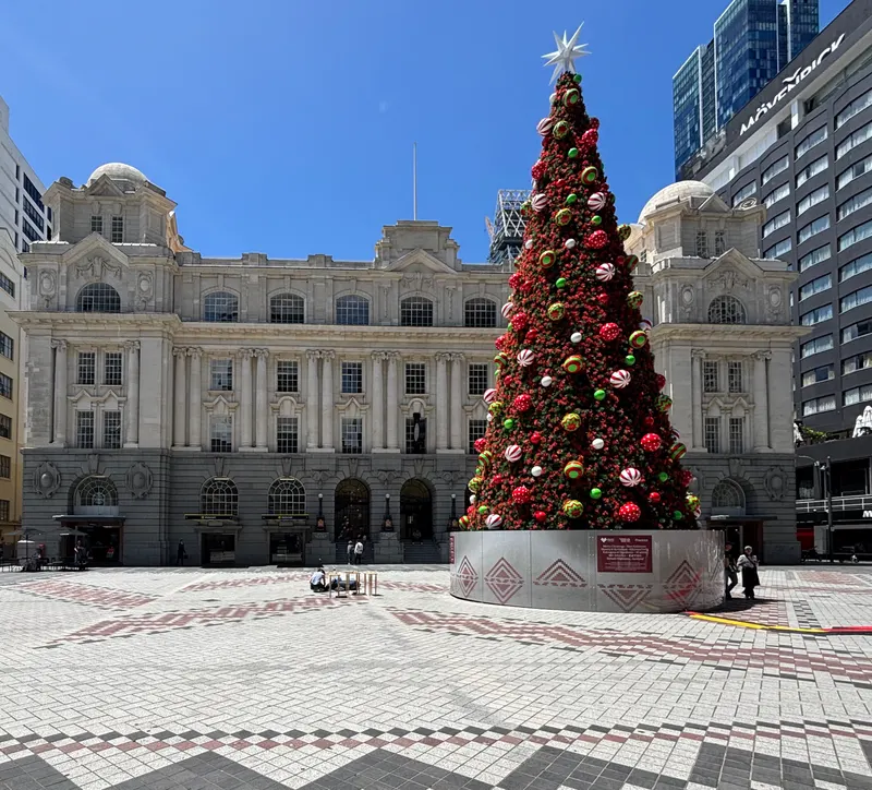 Christmas tree in front of the heritage Chief Post Office building at Te Komititanga, Auckland