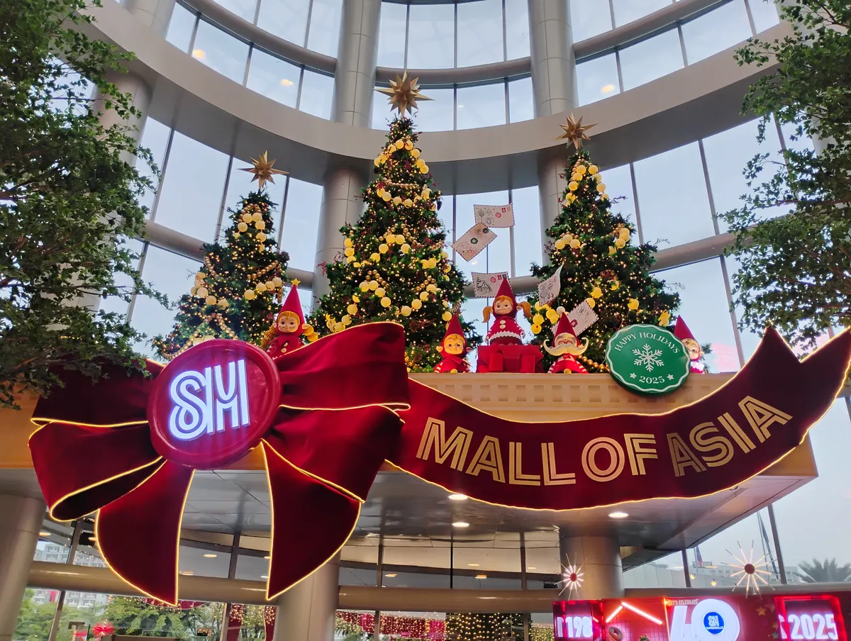 Christmas trees and ribbon decor at the SM Mall of Asia atrium