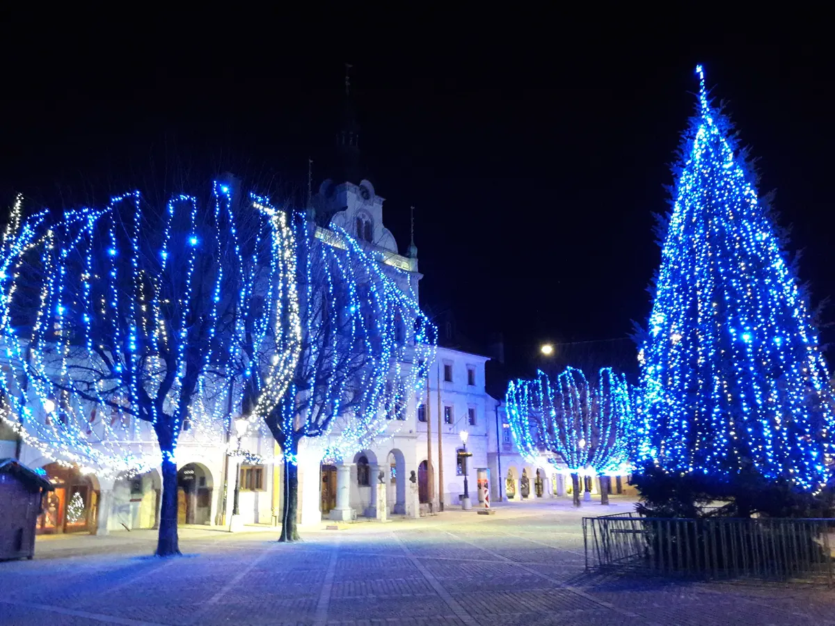 Glavni trg v Novem mestu, okrašen z modrimi lučkami, drevesi in novoletno smreko