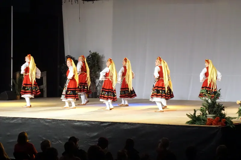 Bulgarian dance performance on the All Nations Theater stage at Holiday Folk Fair International